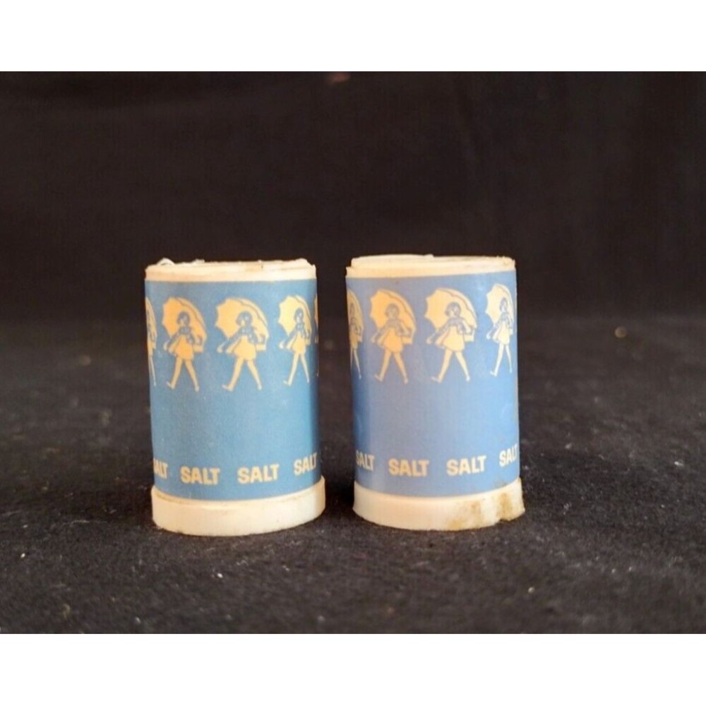 Morton Salt 2 Mini Shakers 1.25" Vintage Umbrella Girl Advertisement